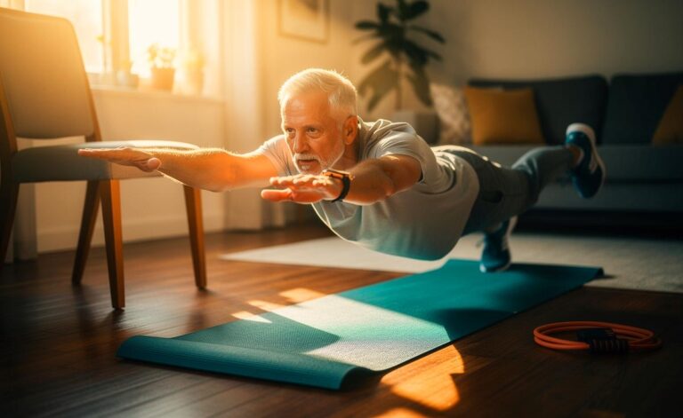 Illustration von einer älteren Person beim Bird-Dog im Vierfüßlerstand auf einer rutschfesten Gymnastikmatte zur Stärkung der Rückenmuskulatur