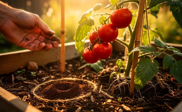 Illustration von [Ausbringung von Kaffeesatz im Tomatenbeet zur Förderung des Pflanzenwachstums]