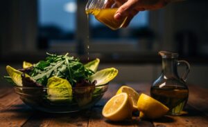 Illustration von einem abendlichen Blattsalat mit Zitronensaft-Vinaigrette zur Förderung der Verdauung