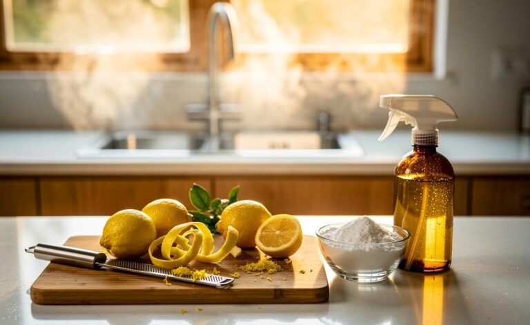 Illustration von Zitronenschalen als natürlichem Reinigungsmittel für eine frische, chemiefreie Küche